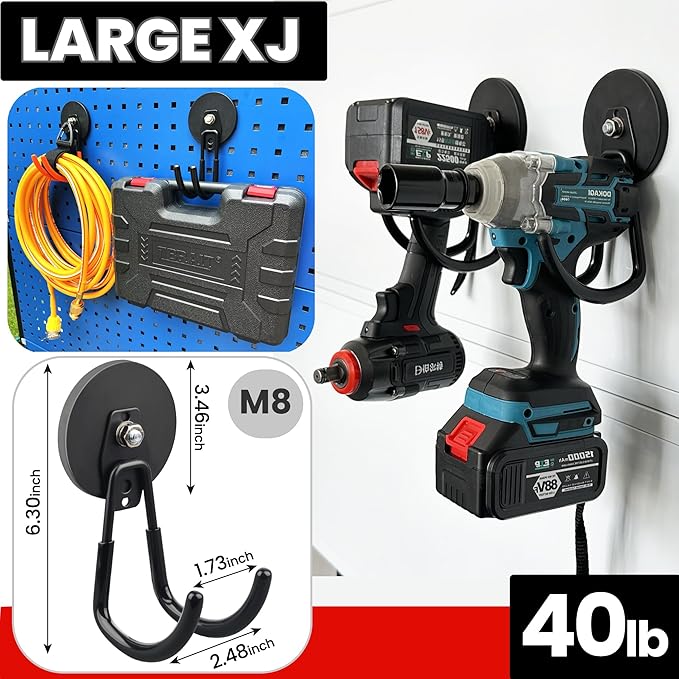 ULIBERMAGNET Heavy Duty Magnetic Garage Hooks Kit,12 Pack Strong Large Magnet Hook for Power Drill,Garden Tools,Hose,Pegboard,Garage, Workshop,Magnetic Storage Hooks for Indoor Outdoor Hanging(Black)
