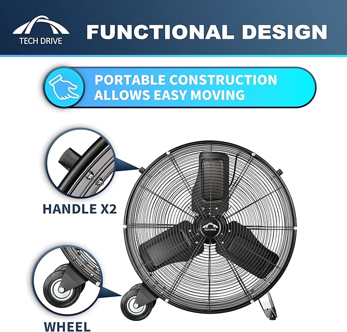 Tech Drive Heavy Duty Metal Industrial Drum Fan, 24 inch High Velocity Shop Fan, 2 Speed Large Floor Fan for Warehouse, Workshop, Factory, Garage, All Metal, Black