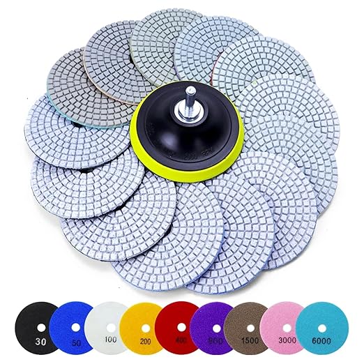 16PCS Wet Dry Diamond Polishing Pad Kit, 4 Inch Diamond Sanding Pad 30-6000 Grit with 5/8''-11 Thread Backer Plate for Concrete Marble Quartz Granite Countertop Stone & Tile Polishing