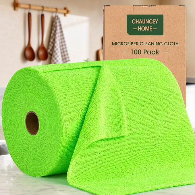 Microfiber Cleaning Cloth Roll - 100 Pack Tear Away Microfiber Paper Towels, Reusable, Washable, Scratch-Free, Kitchen Towels for Car, Home, Kitchen, Glass, Dishes (Neon Green)
