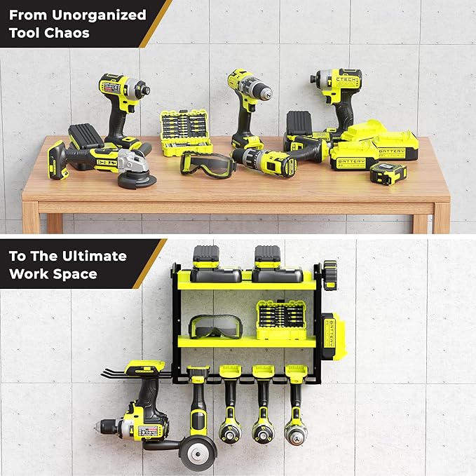 BUILTSTRONG Power Tool Organizer - 6 Drill Holder Wall Mount, 3-Tier Heavy-Duty Hand Tool Storage Rack With 2 Pegboard Sides - Green