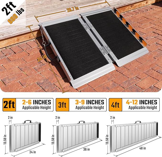 2FT Portable Wheelchair Ramp, 600 LBS Capacity Folding Handicap Ramp, Non-Slip Aluminum Portable Ramps, Threshold Ramp for Home Steps, Stairs, Doorways, Home Entry, and Door