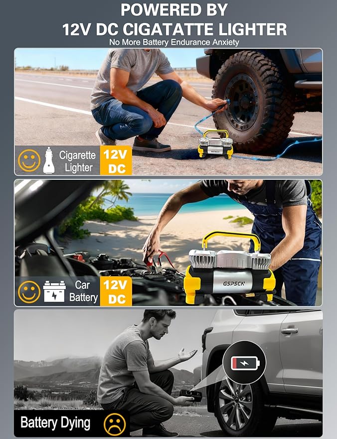 GSPSCN 6X Faster Inflation Digital Dual Cylinder Portable Air Compressor,12V Metal Tire Inflator w/Adapter & Pencil Pressure Gauge 150PSI LED Light丨Heavy Duty Air Pump for Car,Truck,SUV,ORV,RV,Balls