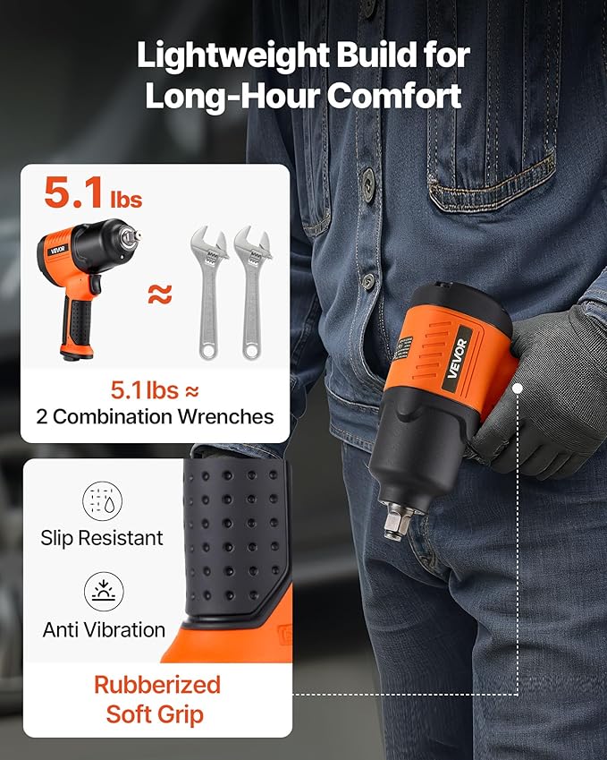 VEVOR Air Impact Wrench, 1/2" Drive Pneumatic Impact Wrench Up to 1100 ft-lbs Reverse Torque, 7500RPM 4-Speed Adjustable & Lightweight Pneumatic Gun for Auto Repairs and Maintenance
