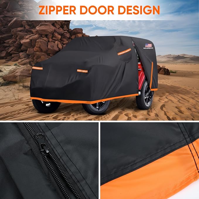 NEVERLAND Car Cover for Jeep Wrangler 4 Door Waterproof Car Covers, All Weather Protection Jeep Sun Rain Protection for Wrangler 4 Fits JK JL JLU JKU 2007-2025 Outdoor Covers (Black+Orange)