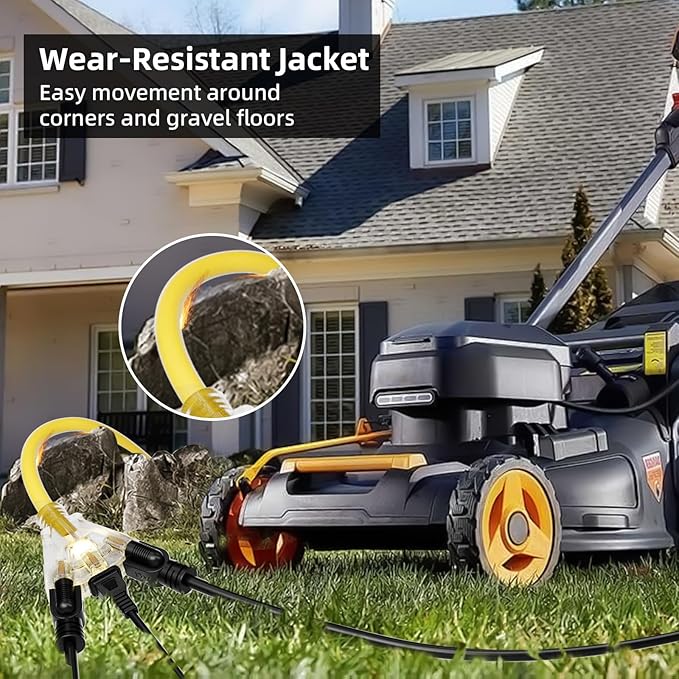 100 FT Outdoor Extension Cord with Multiple Outlets, 12 Gauge Heavy Duty Yellow Extension Cord Waterproof with 3 Outlet, 3 Prong Power Cord for Garden and Home Use Indicator Light, ETL Listed