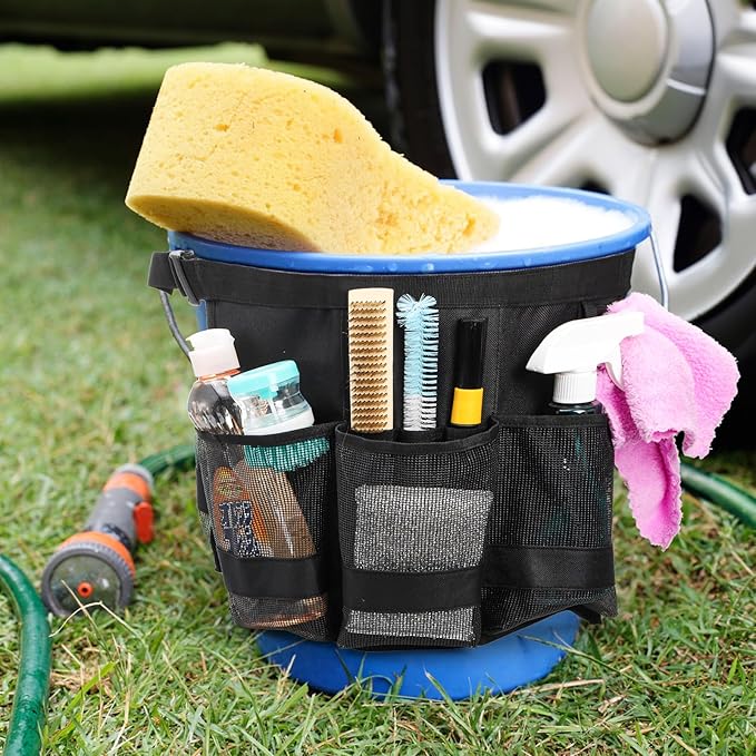 5 Gallon Bucket Tool Organizer, Adjustable Bucket Storage Bag with Mesh Compartments, Durable Black Garden Tool Caddy Swivel Seat Pouch for Ice Fishing, Car Cleaning, Hiking