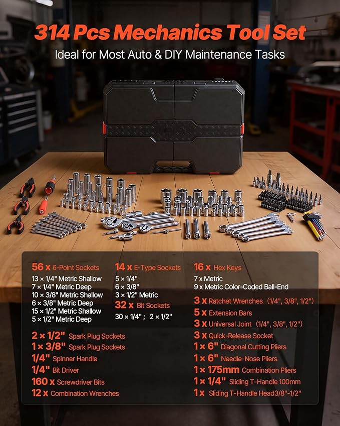 VEVOR Mechanics Tool Set, 314-Piece Mechanic Tool Kit, 1/4 in, 3/8 in, and 1/2 in Drive, Metric Socket Set, Wrenches, Screwdriver Bits, Accessories, and Storage Case, for Automotive and Home Repair
