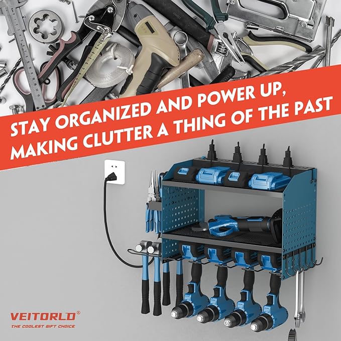 Veitorld Power Tool Organizer with Charging Station, Heavy Duty Modular Wall Mount Rack for Garage & Shed Organization, 4 Drill Holders, Fathers Day Birthday Gifts for Him Men Dad Him Husband(Blue)