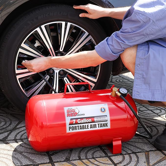 BIG RED T88007 Torin Portable Horizontal Air Tank with 36" Hose, 7 Gallon Capacity, Red