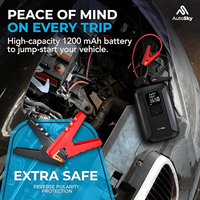 AUTOSKY 2-in-1 Jump Starter with Air Compressor – Starts Up to 6.0L Gas and 3.0L Diesel Engines – Portable Tire Inflator, LED Flashlight & Power Bank – Emergency Car Tool for SUV, Truck, Motorcycle