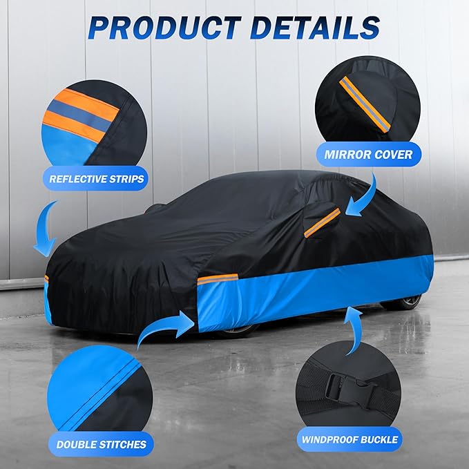 Car Cover Waterproof All Weather Outdoor Windproof Dustproof UV Protection Fit Tuck Cover M-Length Up to 210 inch