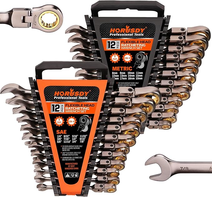 HORUSDY Flex-Head Ratcheting Combination Wrench Set,24-Piece Flex-Head Ratcheting Wrench Set(Metric and SAE)