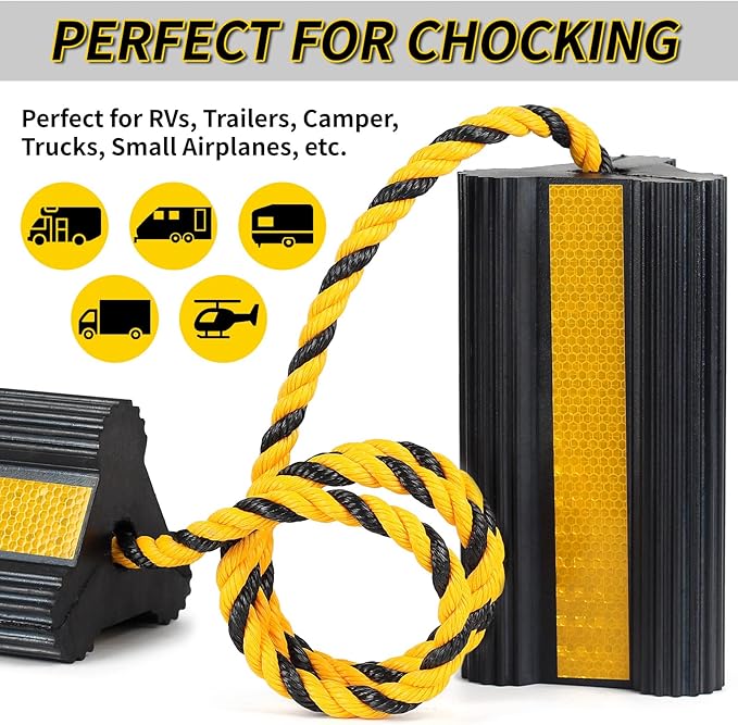 OULEME Heavy Duty Rubber Wheel Chocks, 1 Pair, Non-Slip Tire Stopper Blocks with Rope, for RV Camper Travel Trailers Motorhome Aircraft Car Truck