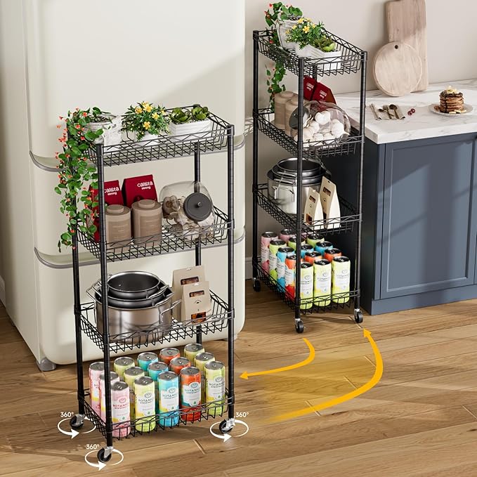 Golpart 4 Tier Shelf Wire Shelving Unit Adjustable Storage Shelves Big Basket Rack Standing Units for Kitchen Closet Laundry Bathroom Organizers Metal Pantry Mesh 10" D x 16" W x 55" H Black