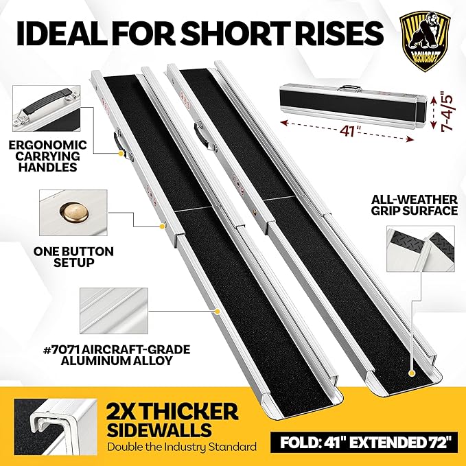6FT Portable Wheelchair Ramp, Adjustable Aluminum ramps for wheelchairs for Home, 1200LB Capacity, 2X Thickened Sidewall, Wheelchair Ramp for Home, Stairs, Steps (2 Pack)