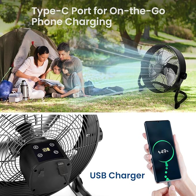 15" Rechargable Battery Operated Fan for Camping,12 Speeds Cordless Floor Fan，Rechargeable Portable Fan for Travel Indoor Outdoor, 12000mAh, 360°Manual Tilt