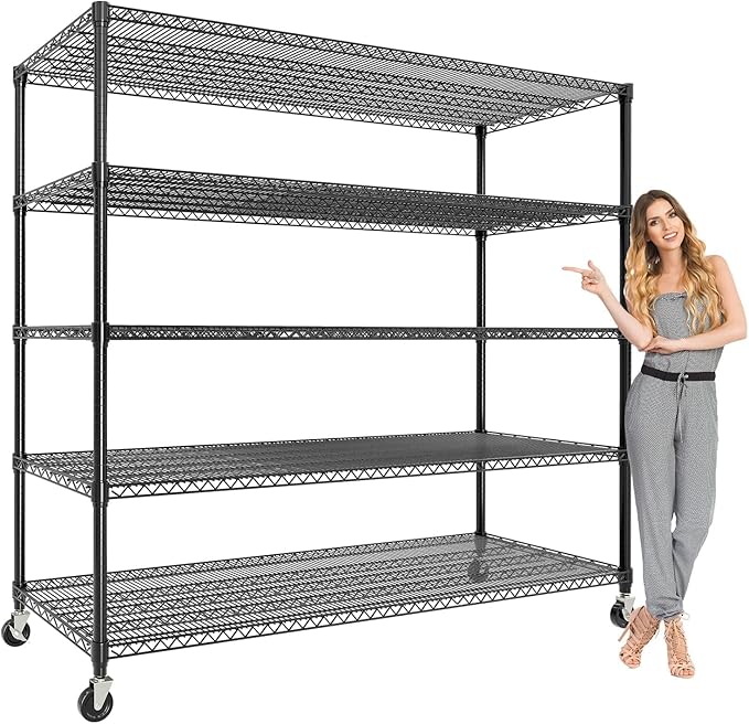 GarveeHome 82"H Storage Shelves with Wheels, 5-Tier Metal Shelving Unit Heavy Duty 3300LBS Load, Adjustable Garage Shelving Wire Rack Shelves, for Pantry Room,Kitchen, Warehouse, Basement,24"D x 59"W
