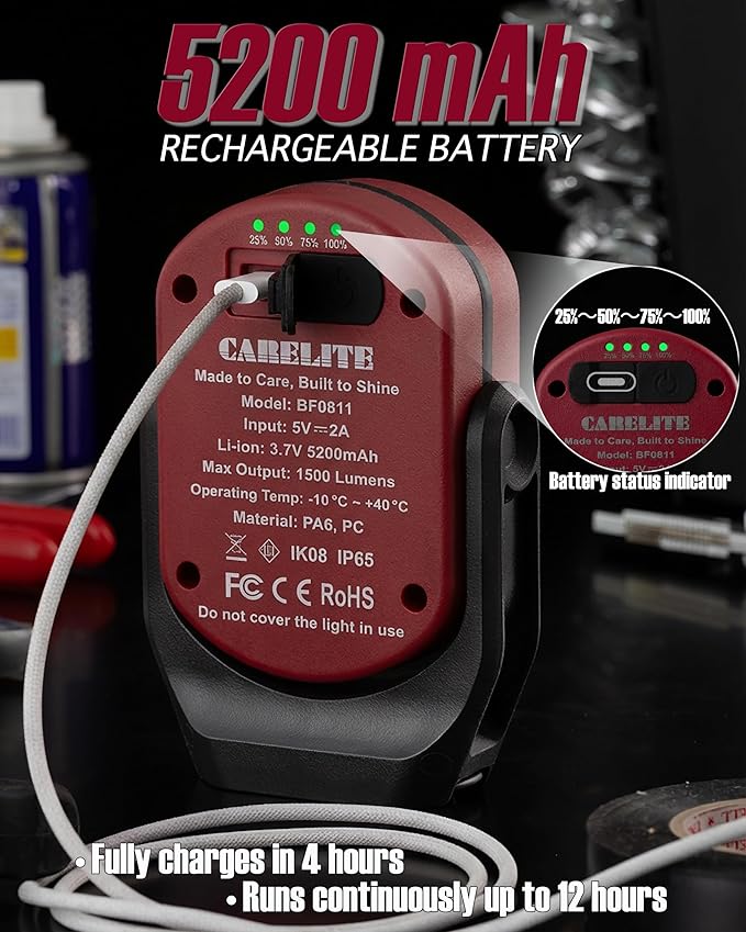 Magnetic Work Light, 1500 Lumens – Dual LED Mechanic Light, 5200mAh Rechargeable, 4 Modes, Strong Magnetic Base, Portable Shop Light for Auto Repair, Inspection & Jobsites (Red)