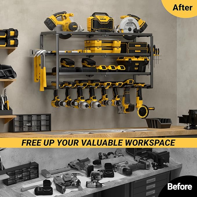 YYR 4 Layer Power Tool Organizer Wall Mount, Cordless Drill Hanger Storage Rack, Battery Tools Holder with Charging Station Shelf for Garage Organization, Workshop, Pegboard, Shed - 32 Inch 8 Slots