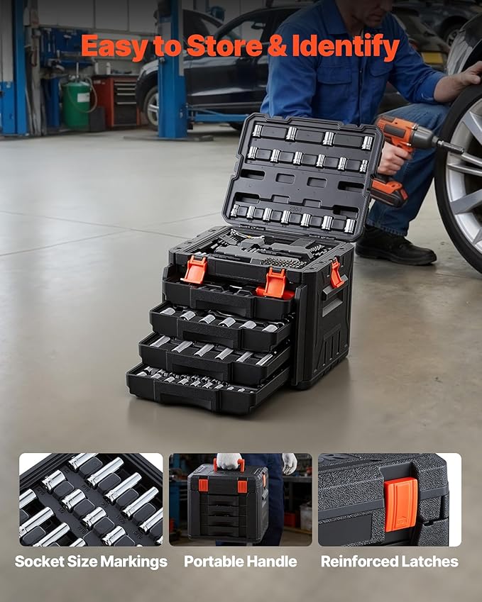 VEVOR Mechanics Tool Set, 230-Piece Mechanic Tool Kit, 1/4 in, 3/8 in, and 1/2 in Drive, SAE and Metric Socket Set, Wrenches, Screwdriver Bits, Accessories, and Storage Case, for Automotive Repair