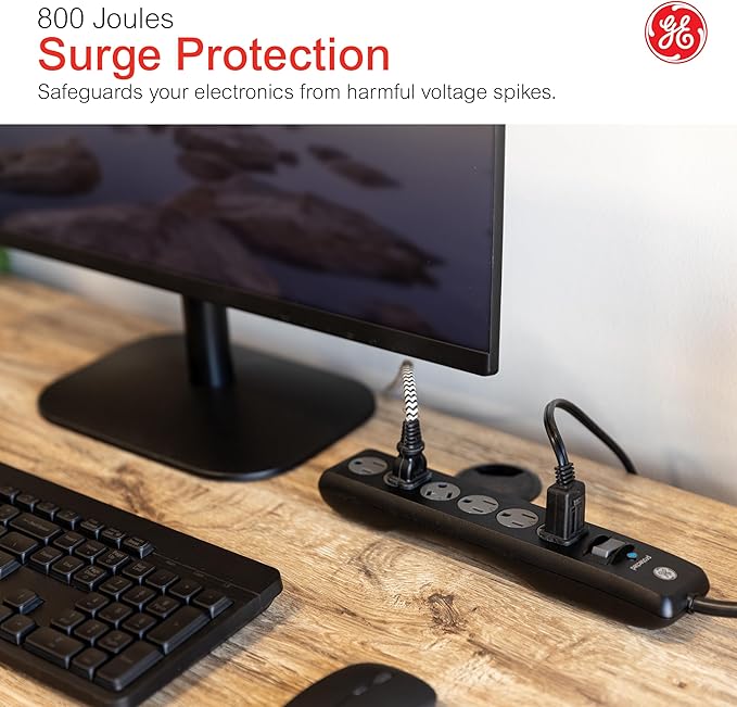 GE 6-Outlet Surge Protector, 10 Ft Extension Cord, Power Strip, 600 Joules, Twist-to-Close Safety Covers, Protected Indicator Light, ETL Listed, Black, 37442