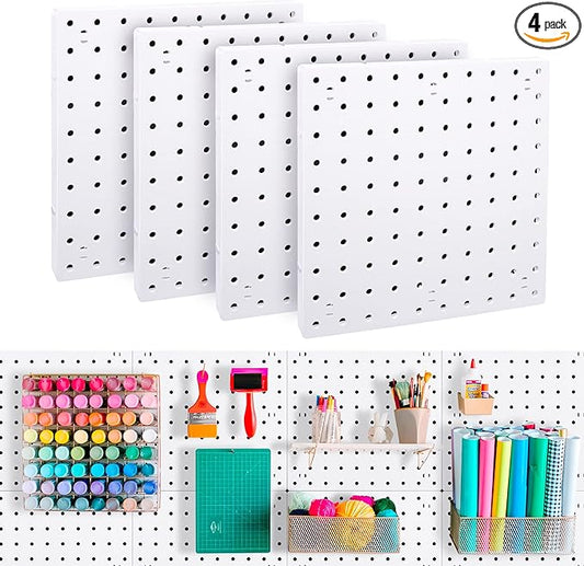 4Pcs Peg Board Panels, White ABS Pegboard Wall Mount, Easy Installation for Craft Room, Garage, Kitchen, Workshop