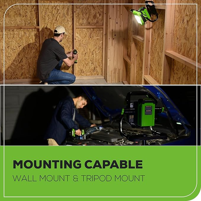 Greenworks 40V (AC/DC) 2000-Lumen LED Work Light, 360° Head Rotation, Tripod Mountable, Portable, Indoor/Outdoor Light, Flood Light, Tool-Only