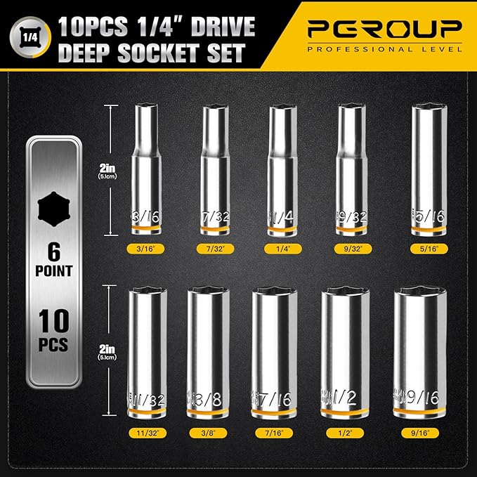 10PCS 1/4” Drive Deep Socket Set, SAE (3/16"-9/16"), 6-Point, Cr-V Steel, Chrome Plated Socket With Hanging Bracket, Cover Most Commonly Sizes