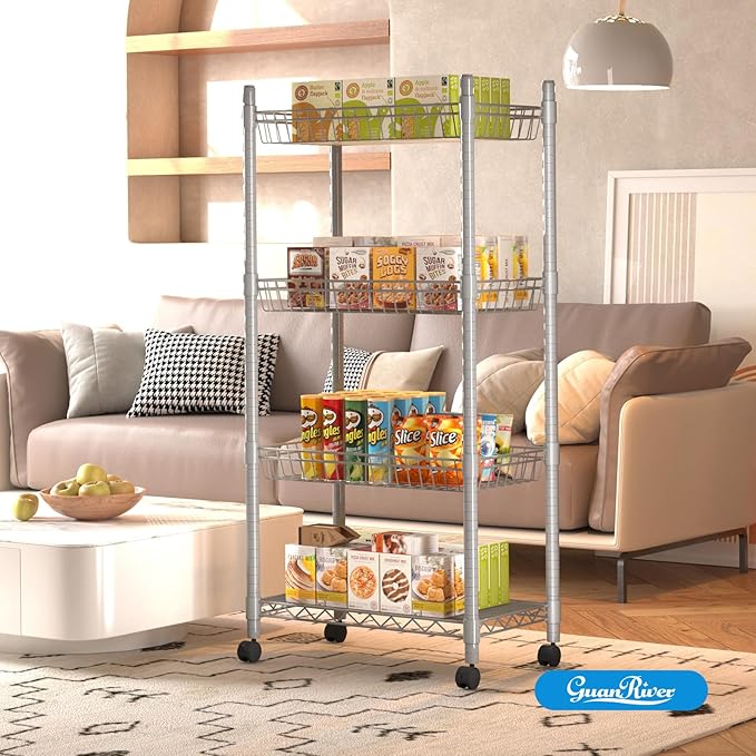 Guan River 4 Tier Wire Shelving Wire Basket Shelf Storage Cart Adjustable Metal Shelf 2 Bottoms for Choose(Castor or Leveling Feet) for Office,Kitchen,Bedroom,Silver(23.23" L x 13.11" W x 49.21" H)