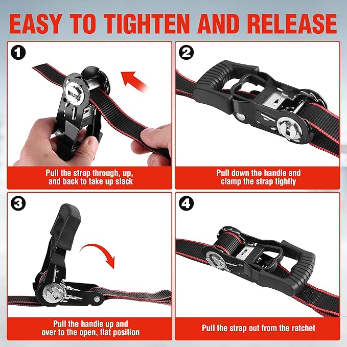 WORKPRO Ratchet Tie Down Straps, 4-Pack | 1" x 12' | 1500 lbs Break Strength Heavy Duty Ratchet Straps, Fits for Moving Appliances Motorcycle ATV Truck (Black&Red)
