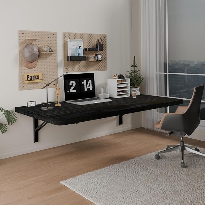 IAE Floating Wall Mounted Folding Table Desk with Pine Wood,36" x 22" Folding Workbench,Fold Down wall Mounted FoldableTable with Shelf Brackets,Laundry Folding Table for Apartment,Home,Kitchen,Black