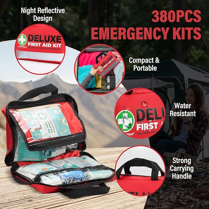 SuccorWare 380 Pieces Deluxe First Aid Kit Compact Trauma Medical Kits with Assorted Bandages, Instant Cold Pack, Emergency Blanket for Home, Travel, Camping, Vehicle, Emergency Kits(Red)