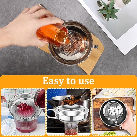 3-Piece Stainless Steel Canning Funnel Set with Strainer, Wide Mouth Mason Jar Funnels for Kitchen, Metal Funnel for Filling Bottles, Canning Supplies for Preserving, Dishwasher Safe