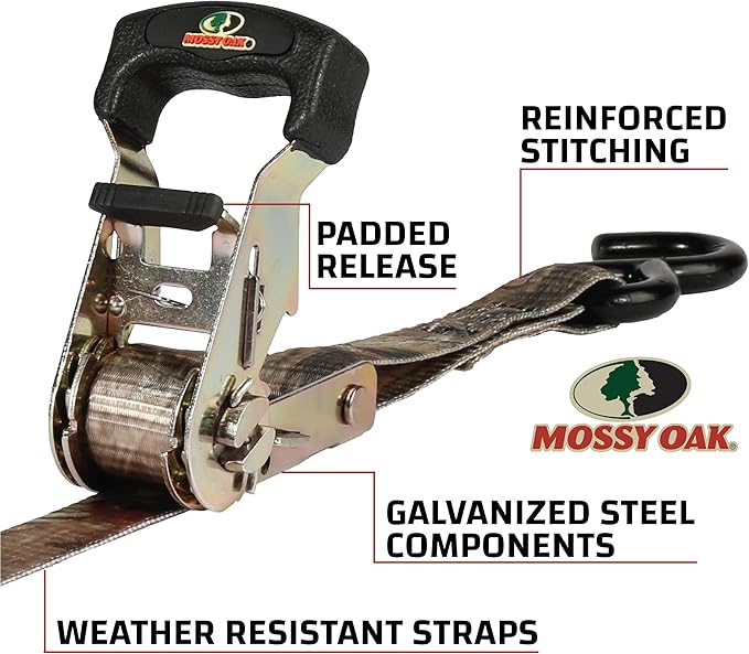 RPS Outdoors SI-2071 Mossy Oak Break-Up Infinity Camo 1" x 10' Ratchet Tie Down Straps (830 lb Safe Working Load / 2,500 lb Tension Strength), 4 Pack