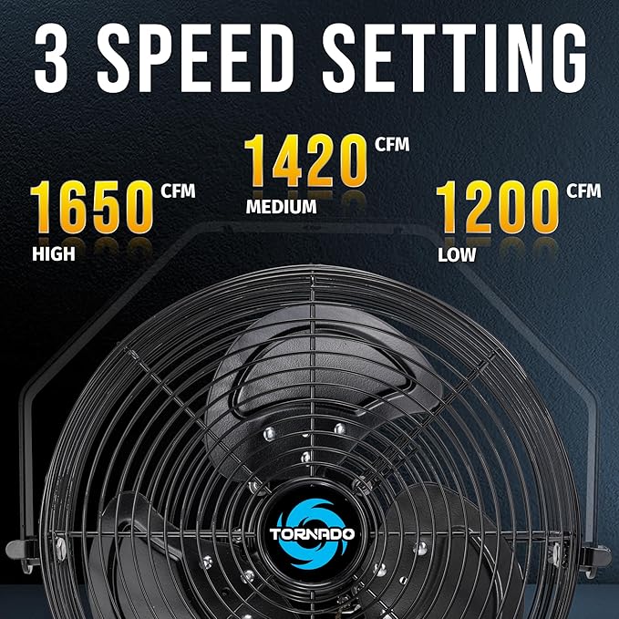 Tornado 12 Inch Outdoor Water-Resistant Wall Mounted Fan IPX4 Rated 3 Speed High Velocity Meatl Wall Fan For Commercial, Industrial, Residential, 6.6 FT Cord cETL Safety Listed, Black