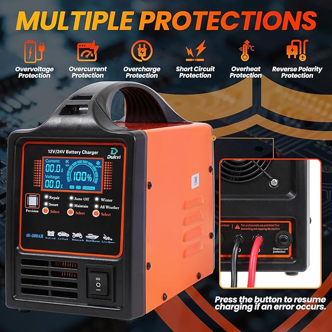 12V 24V Car Battery Charger Heavy Duty, 0-15A Automatic Battery Maintainer, Smart Trickle Charger with Repair & Winter Mode, Auto Shut-Off for AGM, Deep Cycle, Automotive, RV, Marine