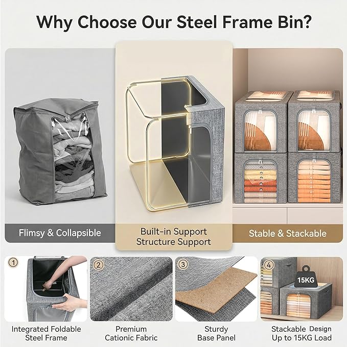 GoMaihe Clothes Storage Bins Metal Frame: 55L Extra Large Stackable Closet Storage Bin with Lid & Clear Window, Heavy Duty Blanket Box for Winter Coats Comforters (Fits Deep Closet 4-Pack)