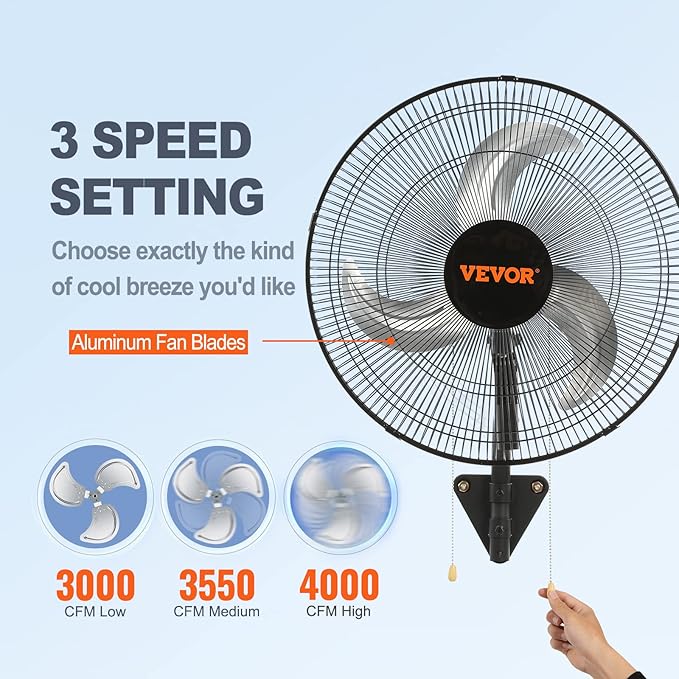 VEVOR 18 inch Wall Mount Fan Oscillating, 3-speed High Velocity Max. 4000 CFM Industrial Wall Fan for Indoor, Commercial, Residential, Warehouse, Greenhouse, Workshop, Basement, Black, ETL Listed