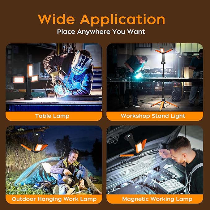 Rechargeable LED Work Light with Stand, 67" Tall Portable Cordless Work Light, 8AH Battery, 500/1500/2500 Lumen, 4000/6500K Dimmable Camping Light with Detachable Tripod Orange (Carrying Bag Included)