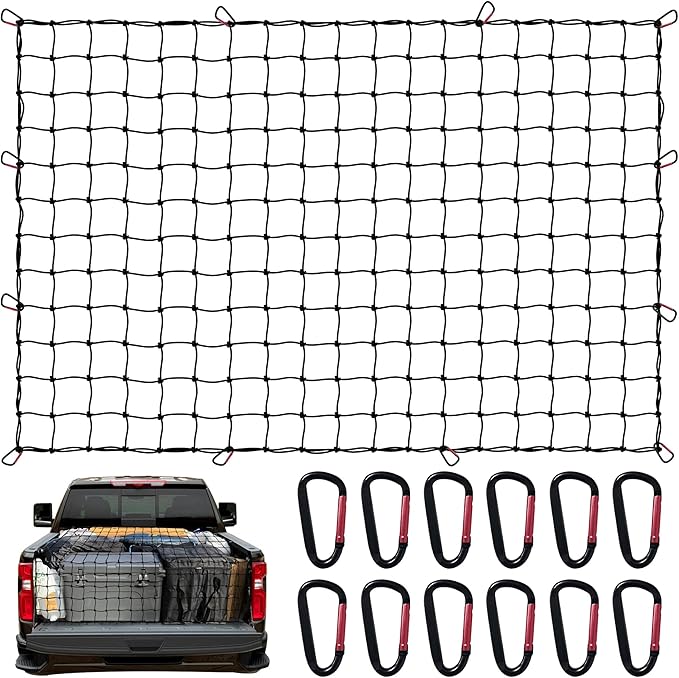 Cargo Net for Pickup Truck Bed 4' x 6' Stretches to 8' x 12' with 12 Metal Carabiners - Truck Bed Accessories for Dodge RAM, Ford, Chevy, Toyota