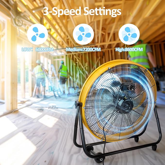BEESTAR 24 Inch Industrial Drum Fan, High Velocity Heavy Duty Metal Floor Fan 8800CFM 3 Speed 360° Tilt 1/3HP Motor Floor Fan for Garage,Warehouse,Greenhouse,Shop,Workship,Basement (24 INCH)