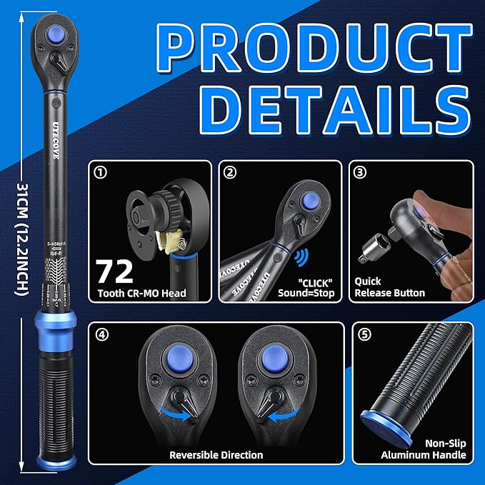 3/8-Inch Drive Click Torque Wrench, Dual-Direction Click Professional Torque Wrench 5-45FT.LB/6.8-61N.M, Dual Range Scales Graduated in FT.LB and N.M, Blue