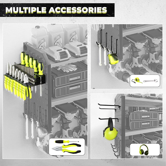 KAFAHOM Power Tool Organizer with Charging Station, Built in 8 Outlet Power Strip,Large 8 Drill Holder Wall Mount, Heavy Duty Metal Power Tool Storage Rack Tool Shelf for Garage Organization