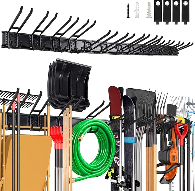 96 Inch Wall Mount Garden Tool Organizer with 22 PCS Adjustable Garden Tool Hanger Rack for Garage Storage, Max Load 960lbs, Black Iron, 96 x 1 x 4 Inches