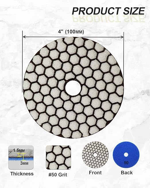 Dry Diamond Polishing Pads 4"/100mm - 8pcs Grit 50 Polish Pad Kit for Granite Marble Artificial Stone Quartz for Angle Grinder SANLEETEK