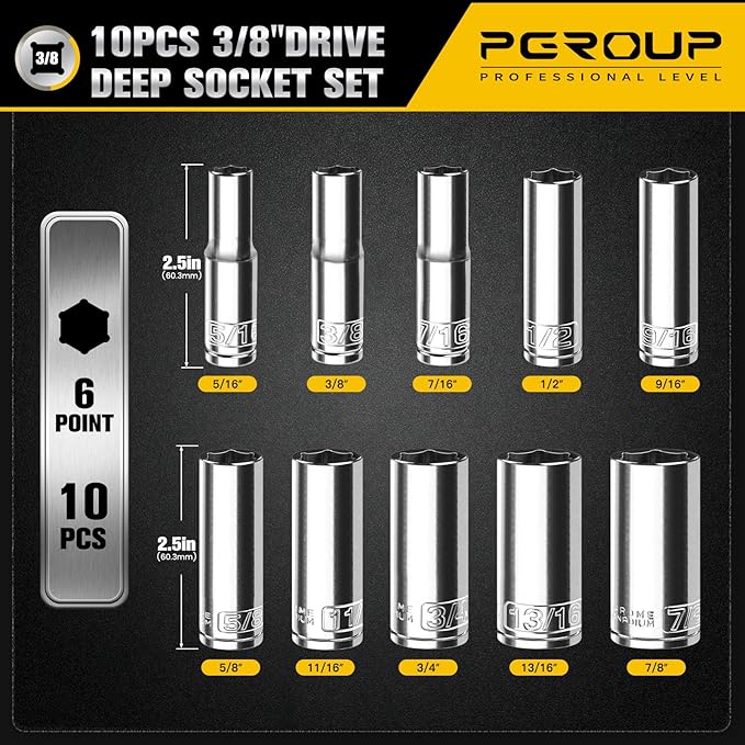 10PCS 3/8” Drive Deep Socket Set, SAE (5/16"-7/8"), 6-Point, Cr-V Steel, Chrome Plated Socket With Hanging Bracket, Cover Most Commonly Sizes