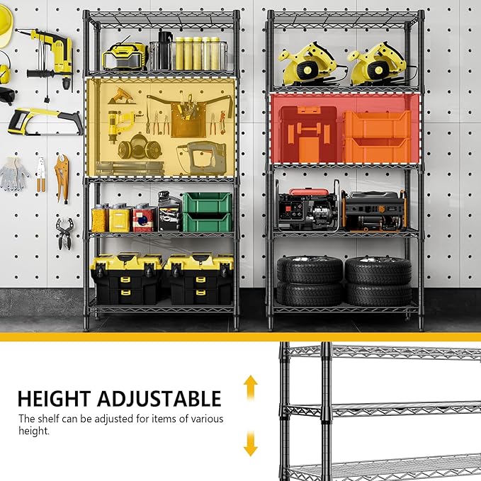 M MZG 1250 lbs 5 Tier Shelf Metal Storage Shelves Shelving Wire Rack Heavy Duty Closet Organizers for Garage Kitchen Bathroom Laundry Black 13.8" D x 35.4" W x 68.5" H