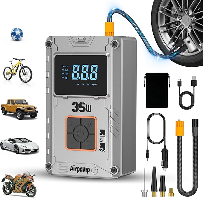 Tire Inflator, 150 PSI Air Compressor with 6000mAh Battery, Car Tire Pump, Air Pump for Car Tires, Bike Inflator, Car Accessories for Cars, Motorcycles & Bikes