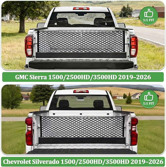 3-Layer Cargo Net for Chevrolet Silverado, GMC Sierra 1500/2500HD/3500HD 2019-2026, Zipper Bag Truck Bed Net for Groceries, Heavy Duty Oxford Cargo Organizer Storage Nets with Carabiners